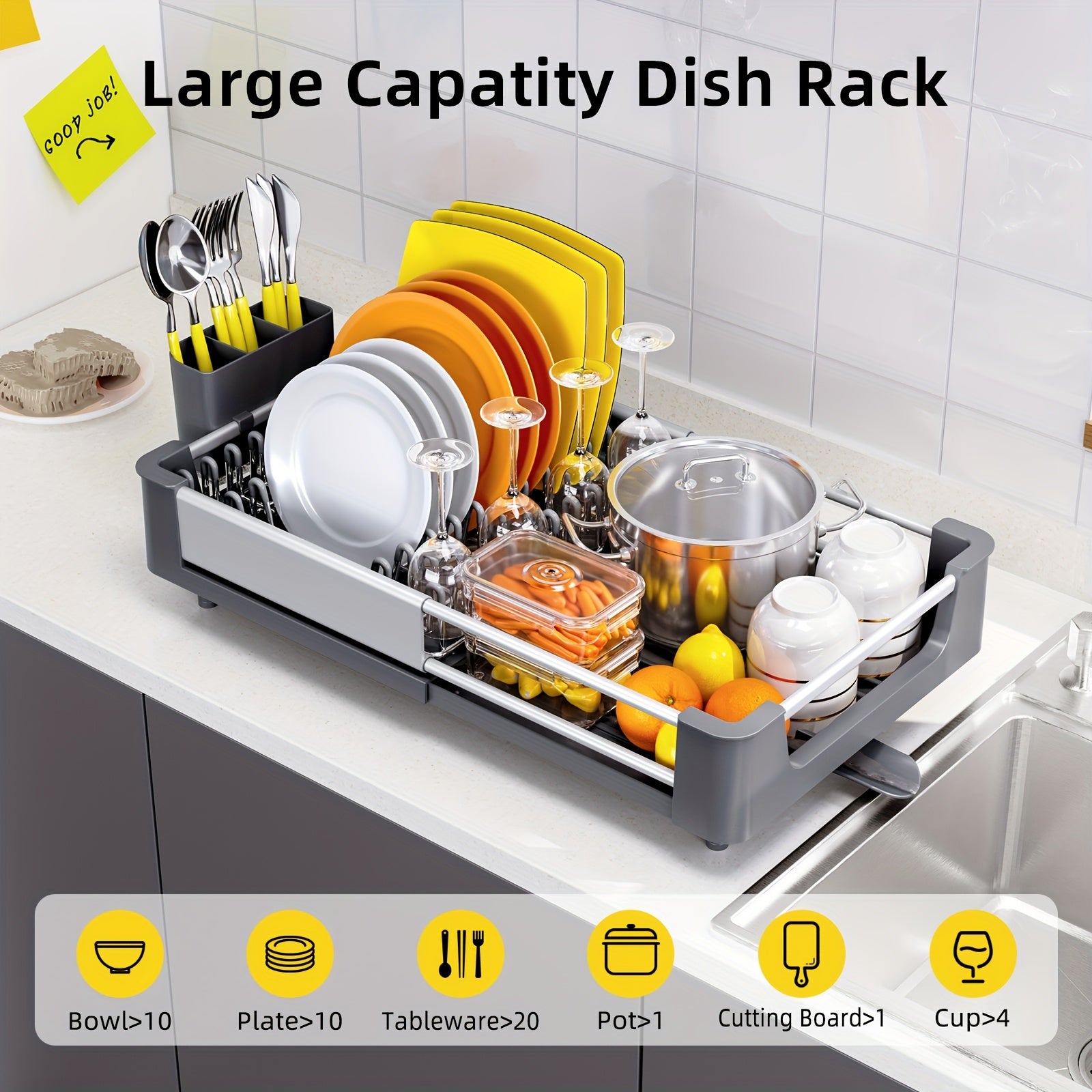 [Expandable Dish Rack] KINGRACK Expandable Foldable Dish Drying Rack | Adjustable Space-Saving Aluminum Kitchen Organizer, Compact Storage, Grey, Sleek Modern Design | Efficient Water Drainage