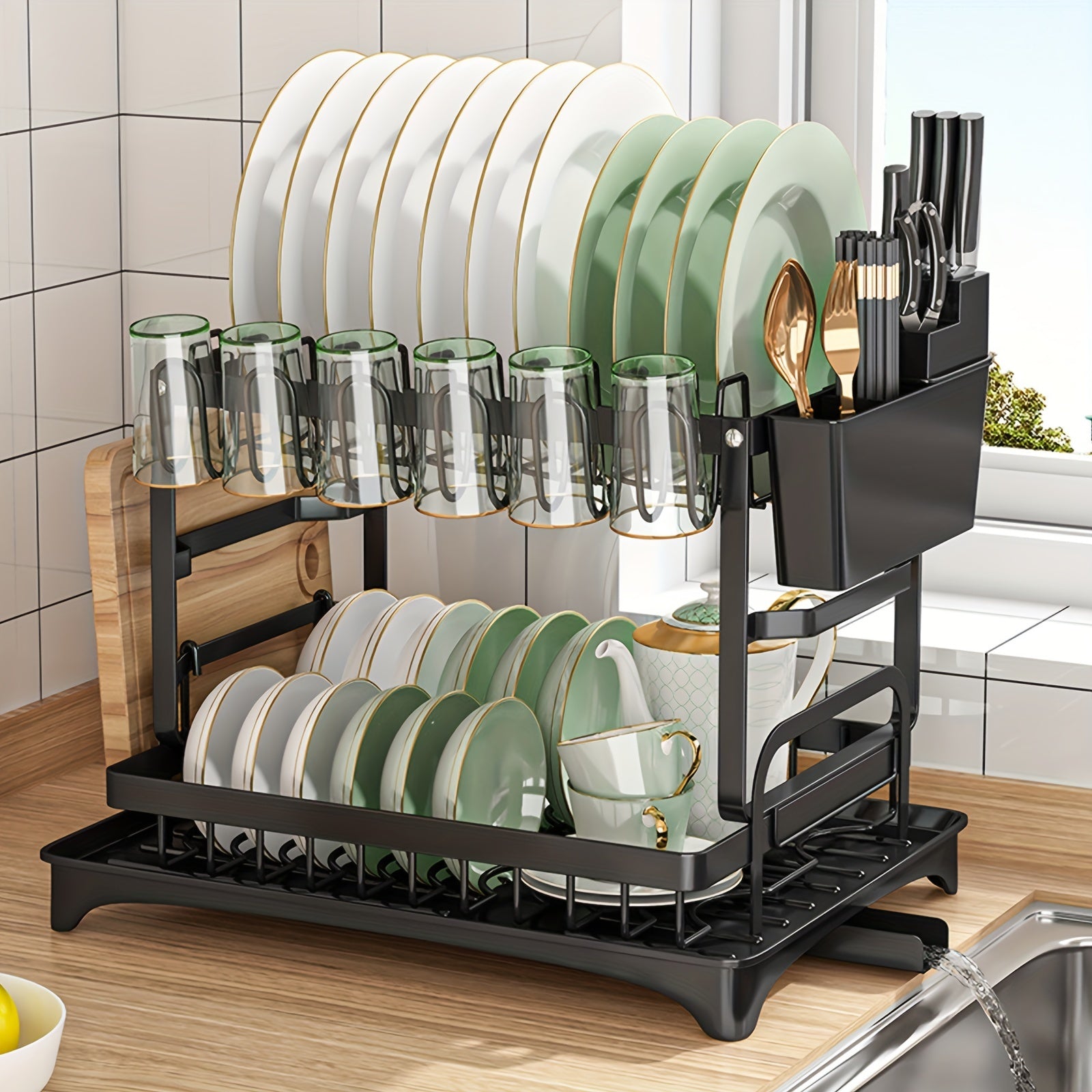 Rustproof Stainless Steel Dish Drying Rack, Dish Drying Rack for Kitchen Counter, Wine Glass Holder & Utensil Holder, Dish Racks for Kitchen Counter, Dish Drainer, Black