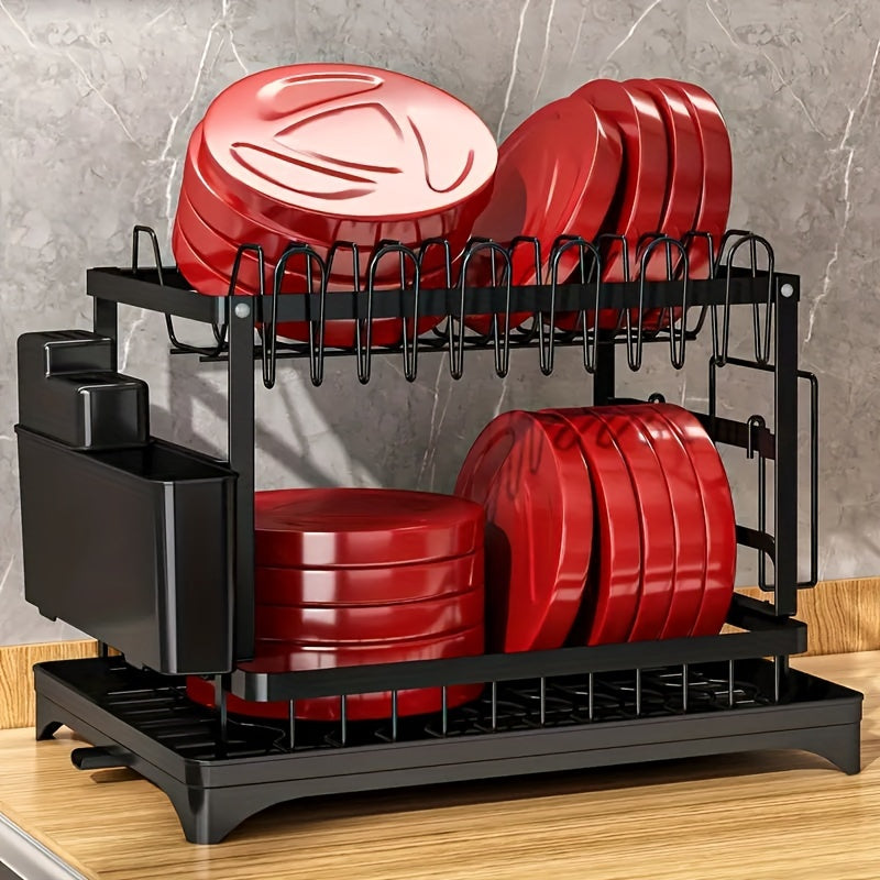 Space-Saving 2-Tier Deluxe Dish Rack Organizer with Easy Drain System, Cutlery and Cup Holders, Black
