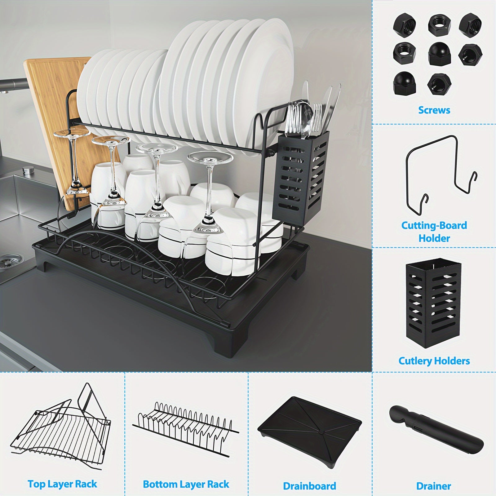 2/3-Tier Large Dish Drying Rack with Drainboard - Heavy-Duty Iron Kitchen Organizer for Dishes, Utensils, Cups & Knives - Space-Saving Countertop Storage with Lower Compartment & Ergonomic Design
