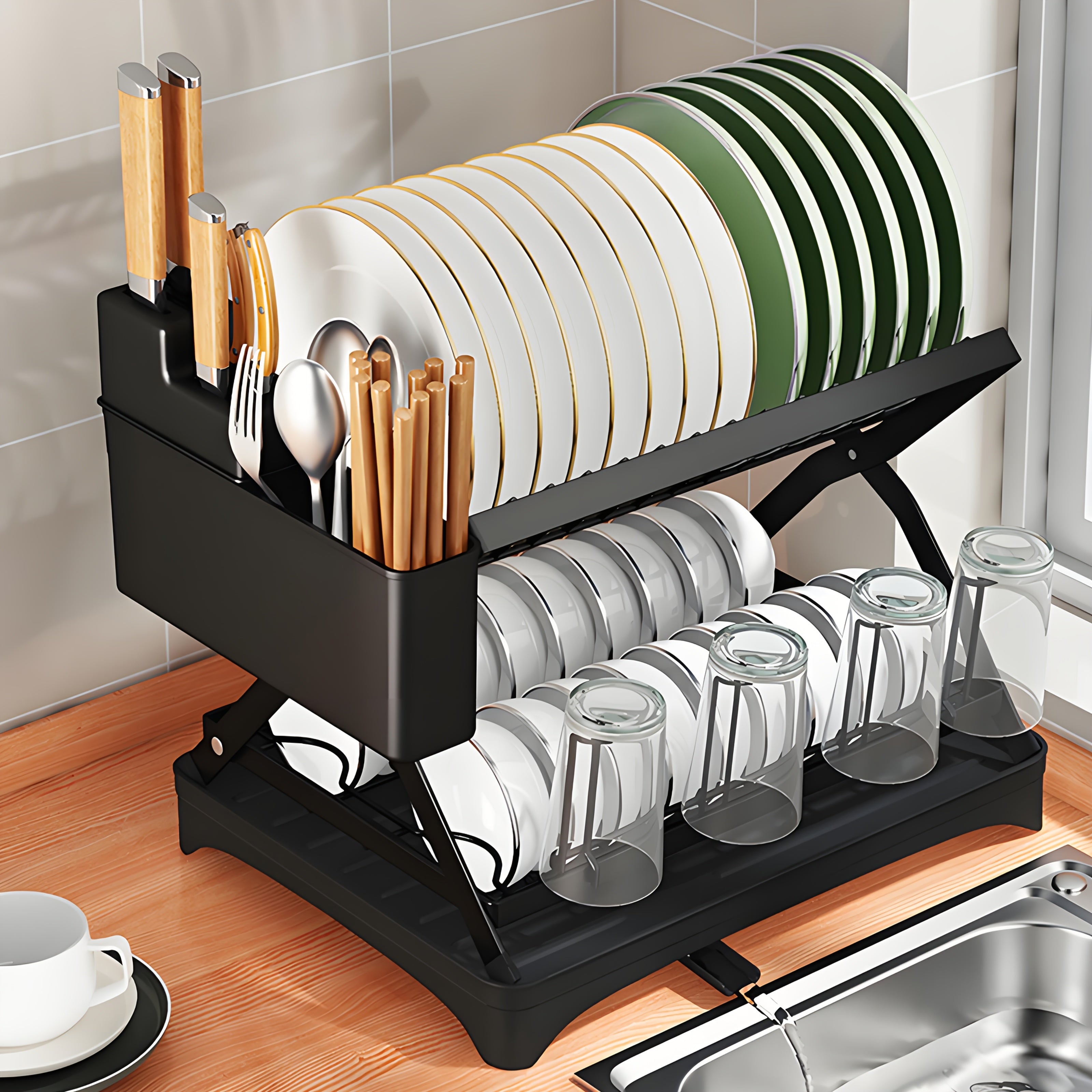 Double Dish Rack for Double Countertops Is Here! It Has a Unique 360° Drainage Function, Tableware Can Dry Quickly. The Drain Tray with The Cutlery Rack And 4 Cup Holders Is Placed Directly Above The Sink, Whether It Is a Dish Or a Cup, It Can Easily