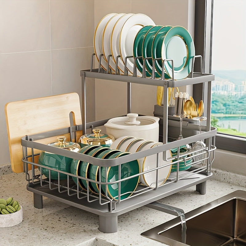 2Tier Large Dish Drying Rack - Rotatable Drain Spout Dish Rack With Drainboard, Utensil Holder, Chopstick Holder Multifunctional Dish Rack For Kitchen Counter
