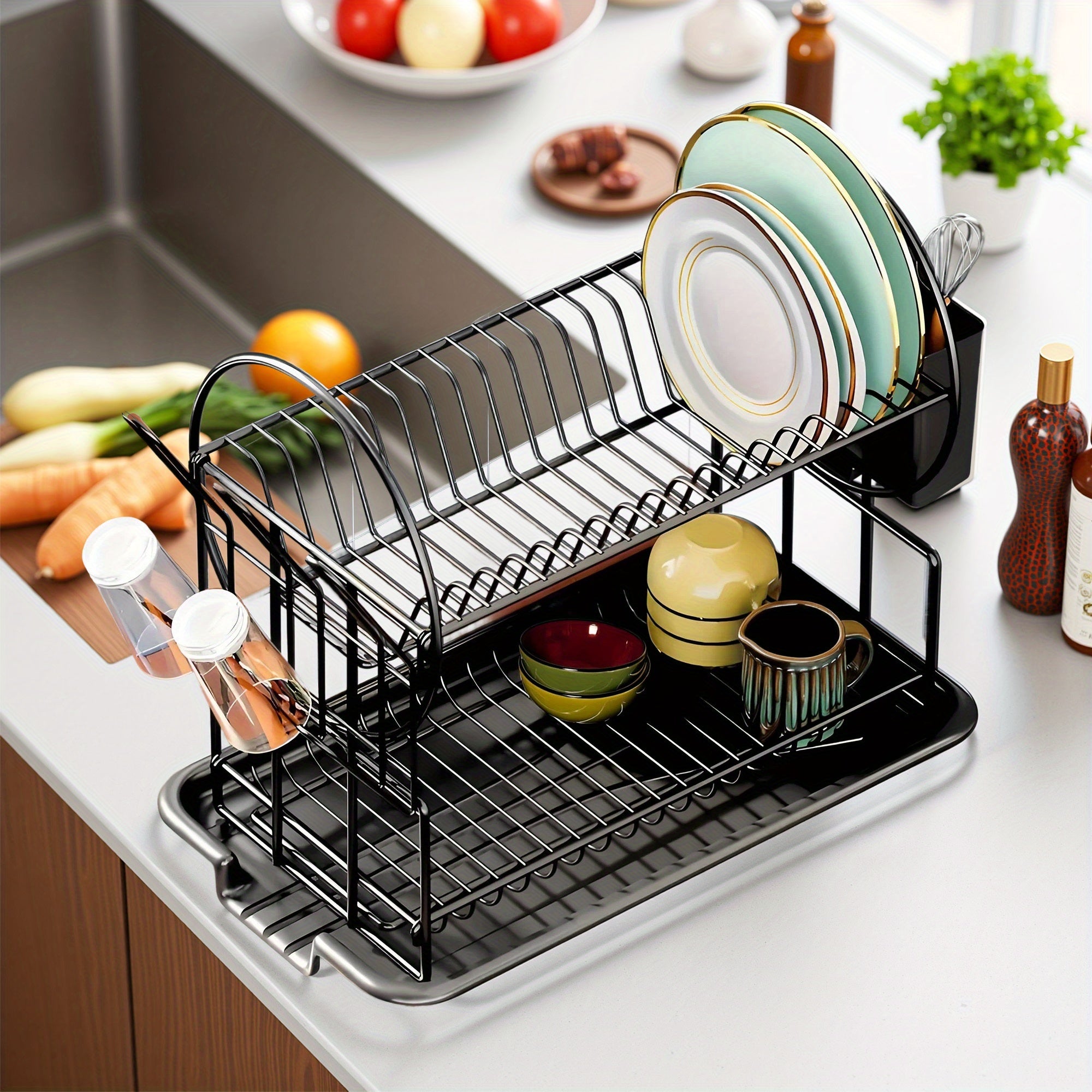 1pc Dish Drying Rack 2 Tier, Black Dish Rack With DrainBoard For Kitchen Countertop, Dish Drainer With Utensil Holder And Cup Holder | Space Saving | Roud Shape Decorate | Black