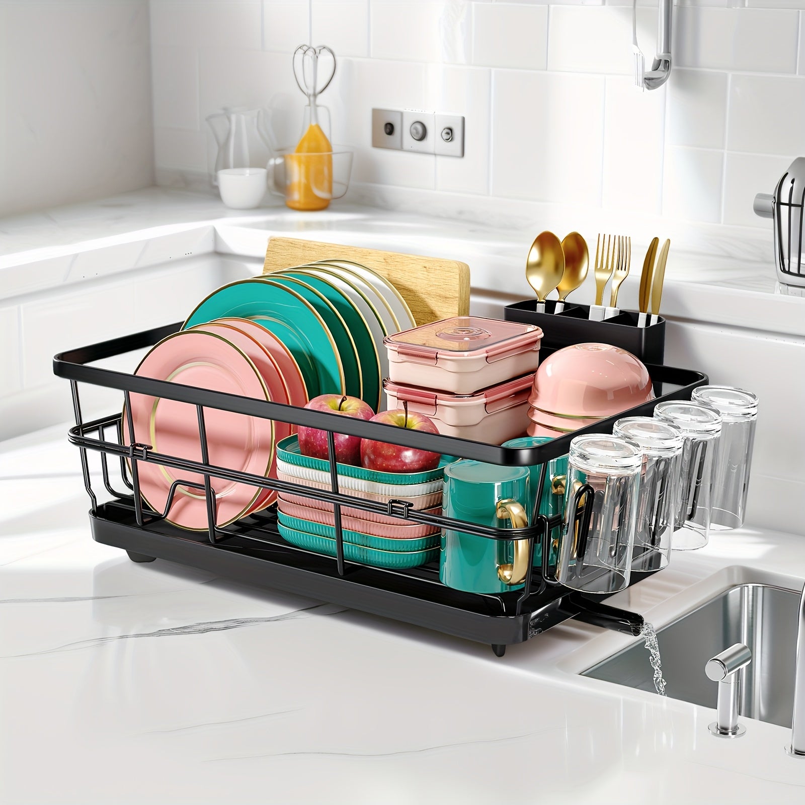 KINGRACK Large Dish Drying Rack for Kitchen Counter, Dish Drainer with Drain Board, Cup Holder & Cutlery Holder, Space-Saving Sink Dish Rack for Drying Plates, Bowls & Utensils