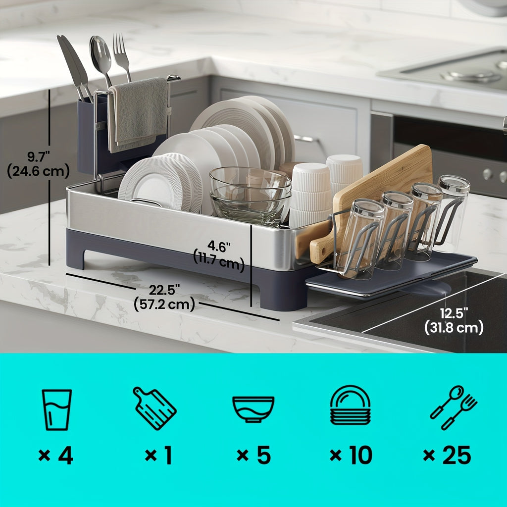 [Heavy-Duty Dish Drying Rack] Extra Large Heavy-Duty Dish Drying Rack with Rotatable Spout & Drainboard - 12.5x22.5 Inch Space-Saving Kitchen Organizer, Dish Drainer with Utensil, Cup, Glass, Cutting Board, Pan Holders - Fits Modern or Traditional