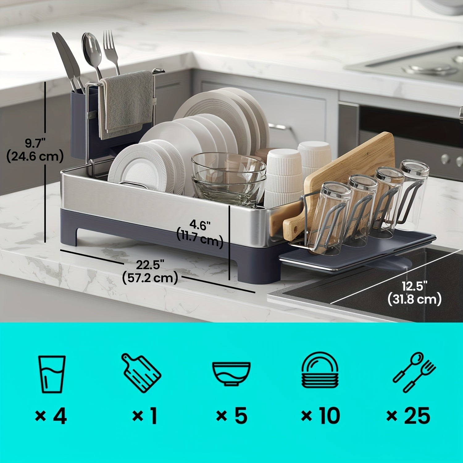 [Heavy-Duty Dish Drying Rack] Extra Large Heavy-Duty Dish Drying Rack with Rotatable Spout & Drainboard - 12.5x22.5 Inch Space-Saving Kitchen Organizer, Dish Drainer with Utensil, Cup, Glass, Cutting Board, Pan Holders - Fits Modern or Traditional