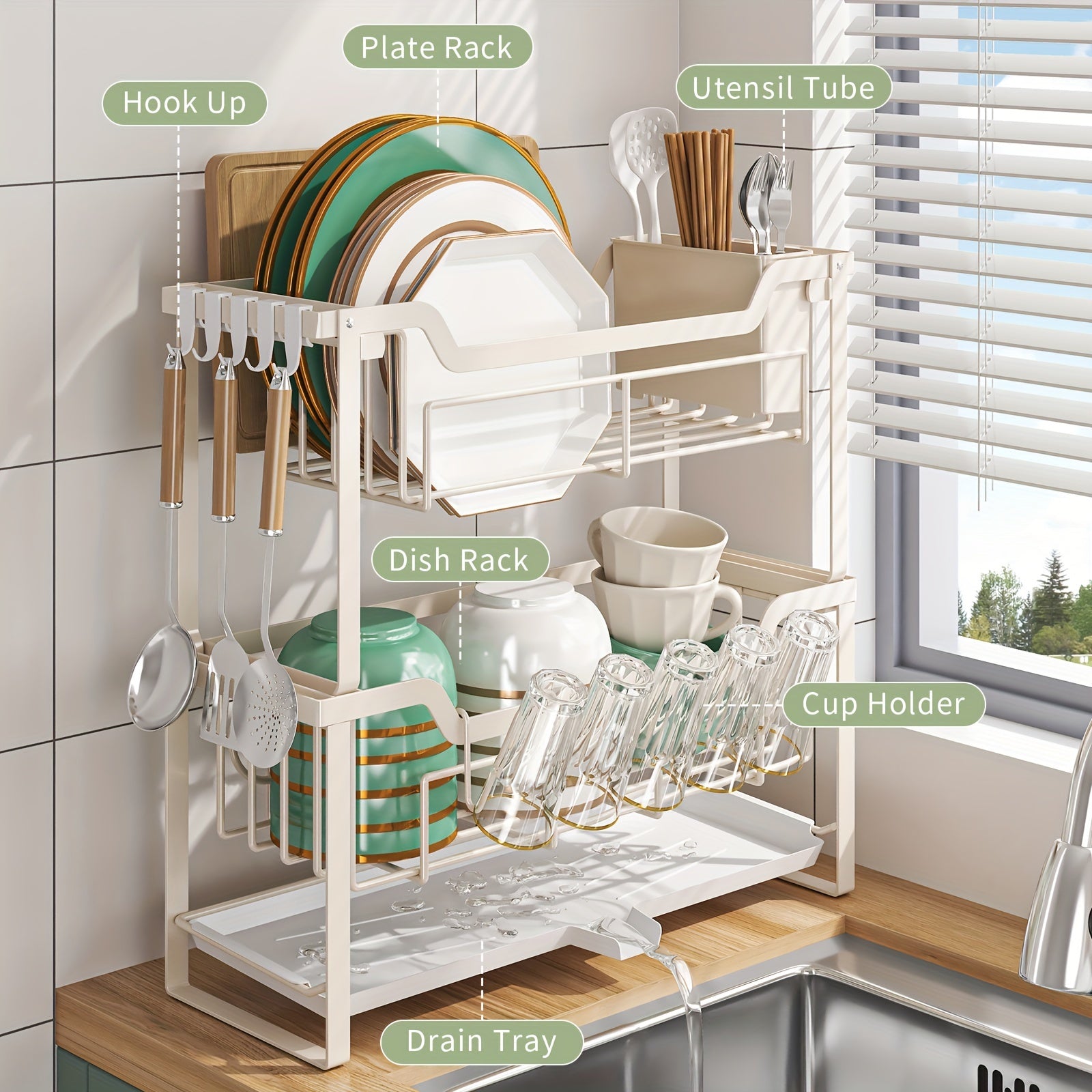 Space-Saving Dish Rack with Drain Tray, Hooks & Utensil Holders - Multifunctional Kitchen Organizer for Dishes, Cups, Knives, Forks & Chopsticks