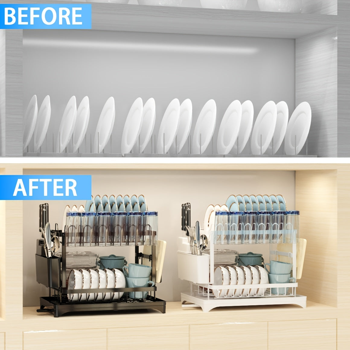 2 Layers Dish Drain Rack For Kitchen Countertop - Golden Type Dish Drain Rack With Knife Cup & Cutlery Rack - Stainless Steel - Suitable for Kitchen Organization & Retail Display - Perfect Gift for Housewarming