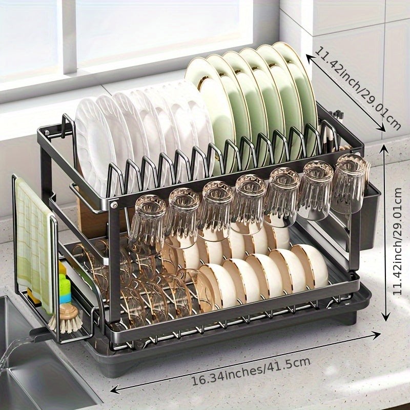 Large Capacity Double-Layer Dish Drying Rack - Carbon Steel Kitchen Organizer with Towel & Cup Holders, Space-Saving Countertop Storage for Plates, Bowls, Glasses & Utensils, Dish Drying Rack for Kitchen Counter, Compact Design, Durable Construction,