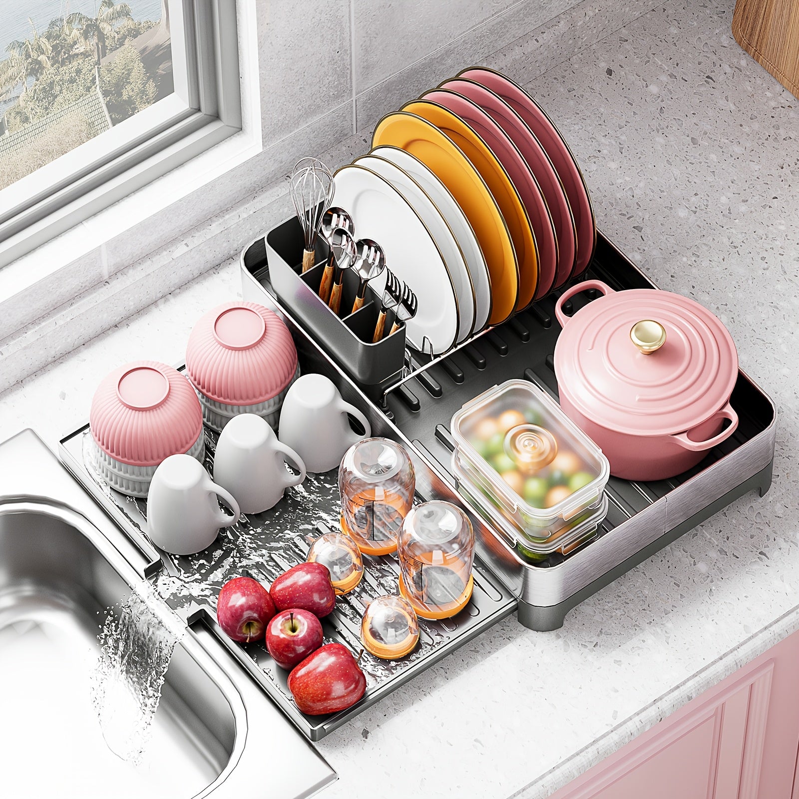 [Stainless Steel Dish Rack] 304 Stainless Steel Dish Drying Rack - Versatile with Cup Holder and Cutlery Holder