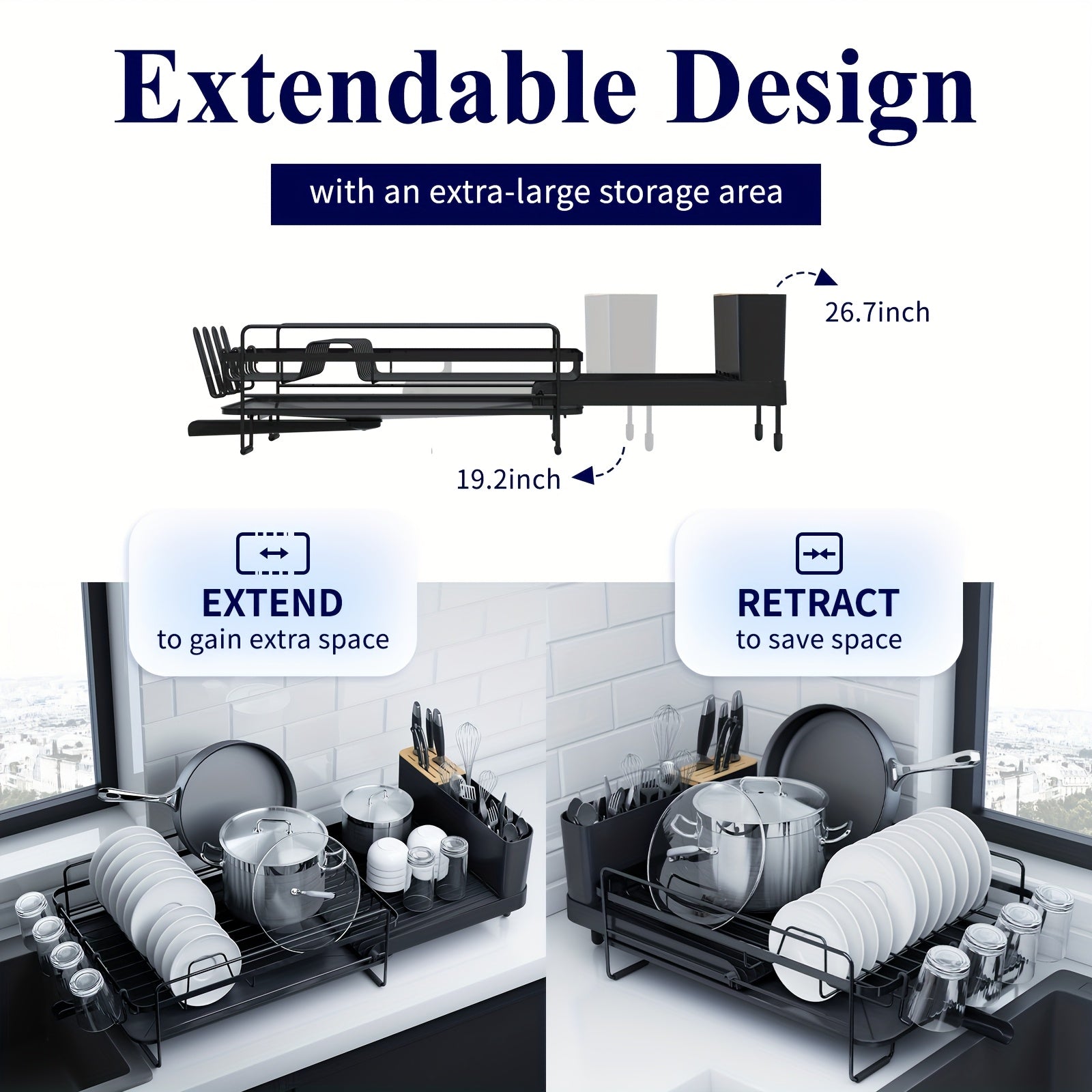 Adjustable Extendable Shelves Dish Drying Rack 19.2''-26.7'' | Stainless Steel Rustproof & Fingerprint-Free Design, Anti-Slip Silicone Caps + Cutlery/Cup Shelves, Countertop Drainboard For Kitchenware Organization