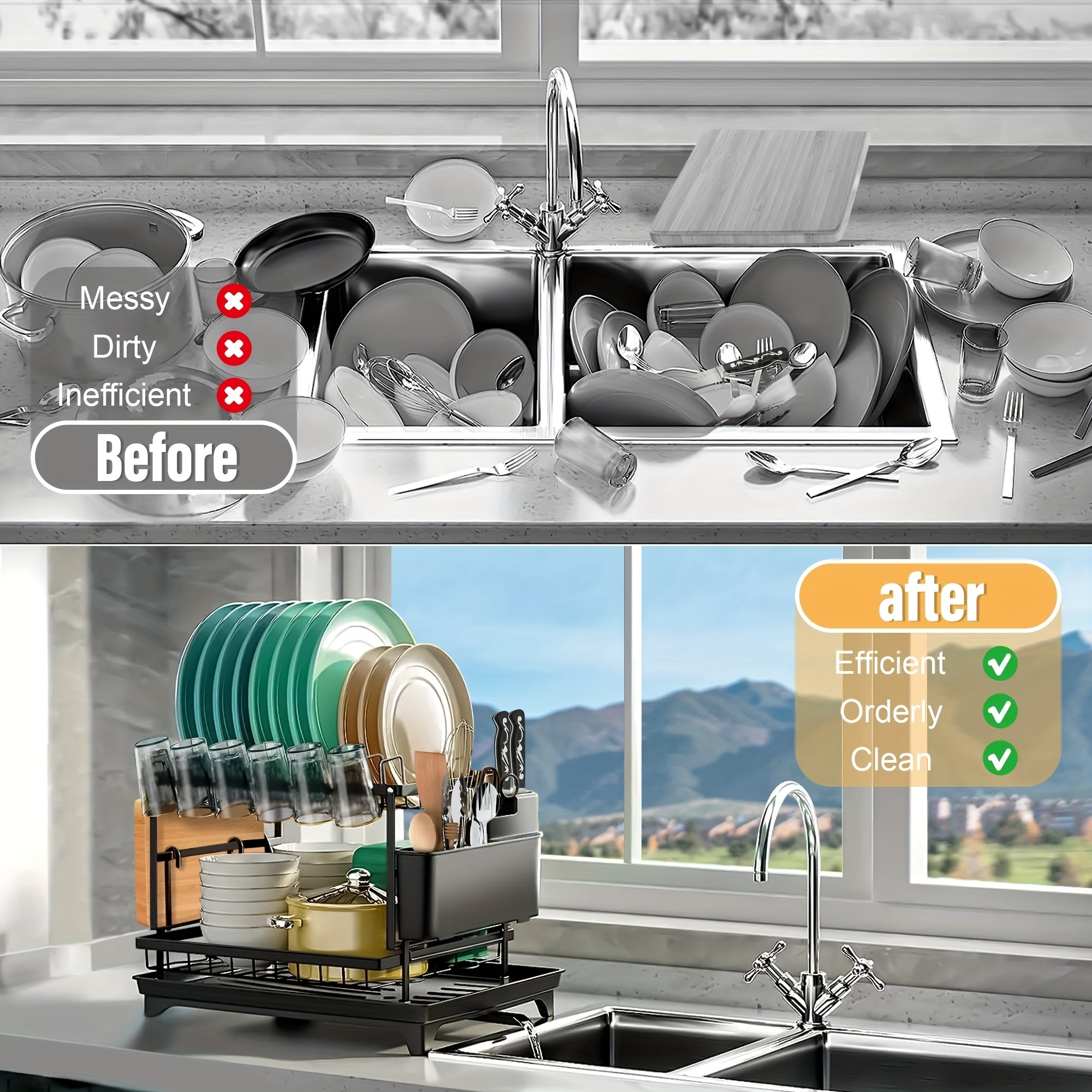 Heavy-Duty Space-Saving Dish Drying Rack - Two-Tier Kitchen Organizer with Draining Board, Sturdy Metal Construction for Plates, Bowls, Cups, Utensils - Compact Countertop Dish Rack for Home & Commercial Kitchens, Sleek Modern Design, Efficient Storage