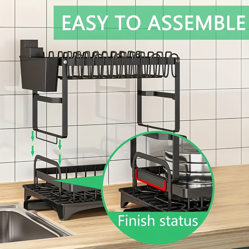 Heavy-Duty Space-Saving Dish Drying Rack - Two-Tier Kitchen Organizer with Draining Board, Sturdy Metal Construction for Plates, Bowls, Cups, Utensils - Compact Countertop Dish Rack for Home & Commercial Kitchens, Sleek Modern Design, Efficient Storage