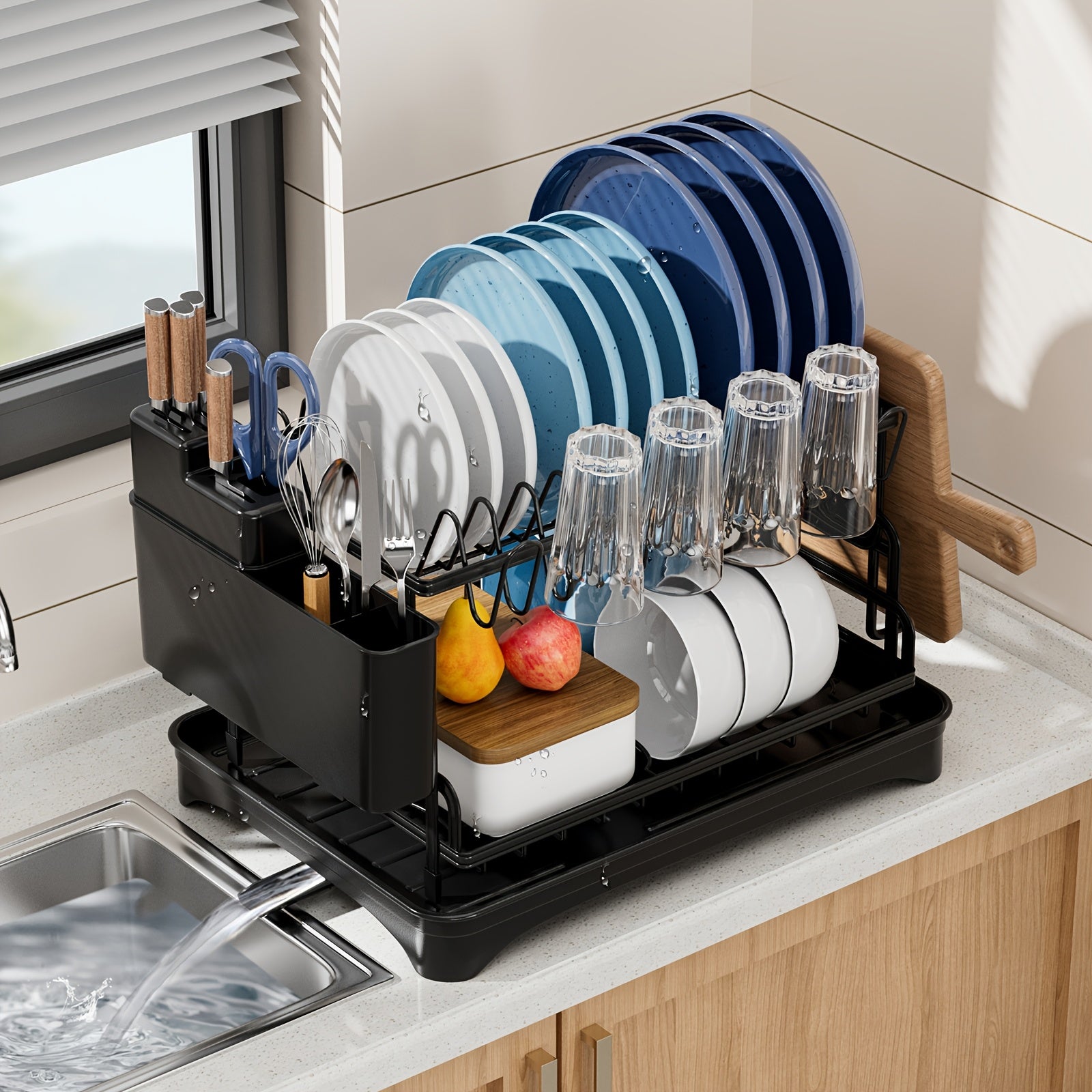 Space-Saving 2-Tier Deluxe Dish Rack Organizer with Easy Drain System, Cutlery and Cup Holders, Black