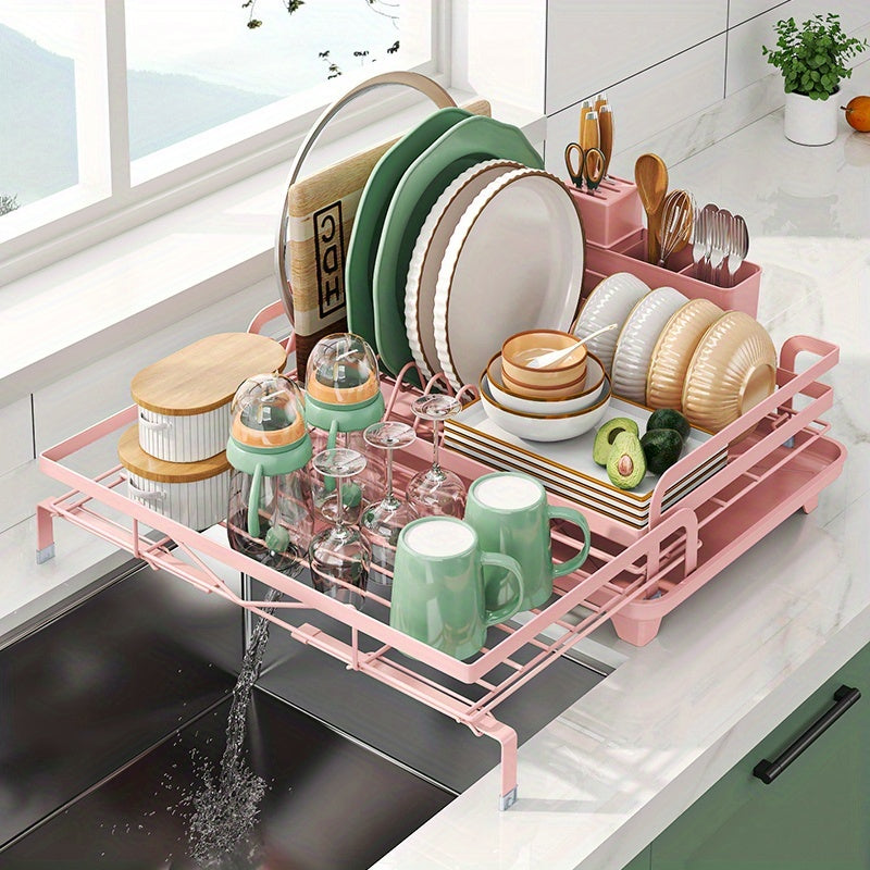 2-in-1 Expandable Rust-Resistant Metal Dish Drying Rack with Pan Slots, Utensil Holder, and Drainboard for Space-Saving Kitchen Counter and Sink Organization
