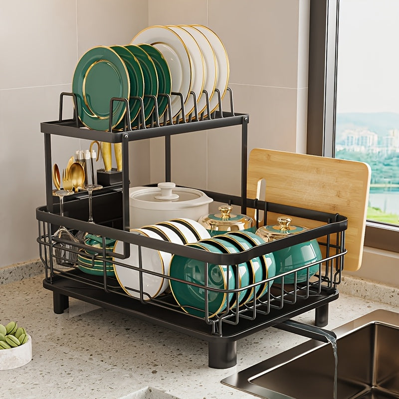 2Tier Large Dish Drying Rack - Rotatable Drain Spout Dish Rack With Drainboard, Utensil Holder, Chopstick Holder Multifunctional Dish Rack For Kitchen Counter