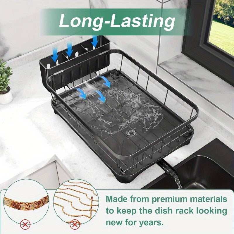 Large Capacity Single Tier Dish Drying Rack with Utensil Holder & Cutlery Tray - Space-Saving Countertop Organizer, Durable Black Kitchen Counter Dish Drainer for Plates, Bowls, Cups, Utensils - Compact Design for Small Kitchens, Dish Drying Rack for