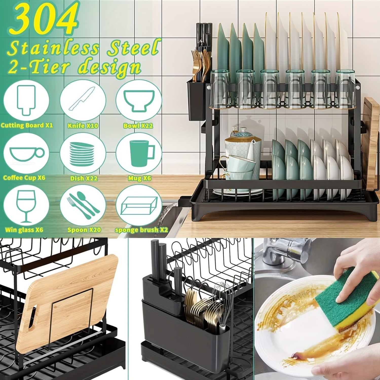 Space-Saving 2-Tier Deluxe Dish Rack Organizer with Easy Drain System, Cutlery and Cup Holders, Black
