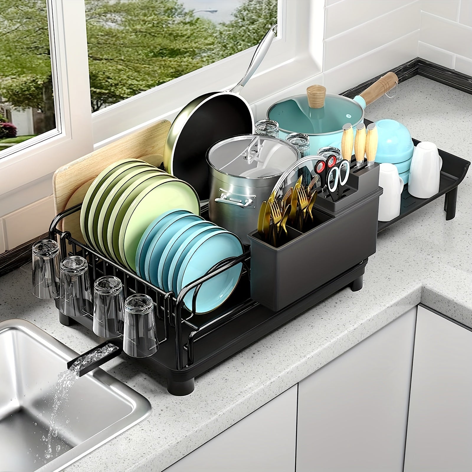 Extendable Dish Rack, Large Dish Drying Rack Multifunctional Dish Rack for Kitchen Counter, Anti-Rust Drying Dish Rack with Cutlery & Cup Holders