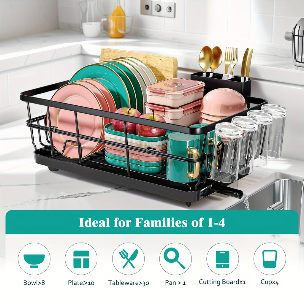 KINGRACK Large Dish Drying Rack for Kitchen Counter, Dish Drainer with Drain Board, Cup Holder & Cutlery Holder, Space-Saving Sink Dish Rack for Drying Plates, Bowls & Utensils