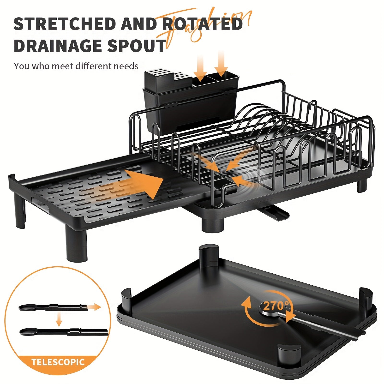 [Retractable Dish Rack] SANDREAM 1pc Multifunctional Retractable Dish Draining Rack | Anti-Rust Plastic & Metal Kitchen Organizer with Cutlery & Cup Holders, Space-Saving Countertop Drying Mat for Modern Homes, Sturdy Construction, Dish Drying Rack