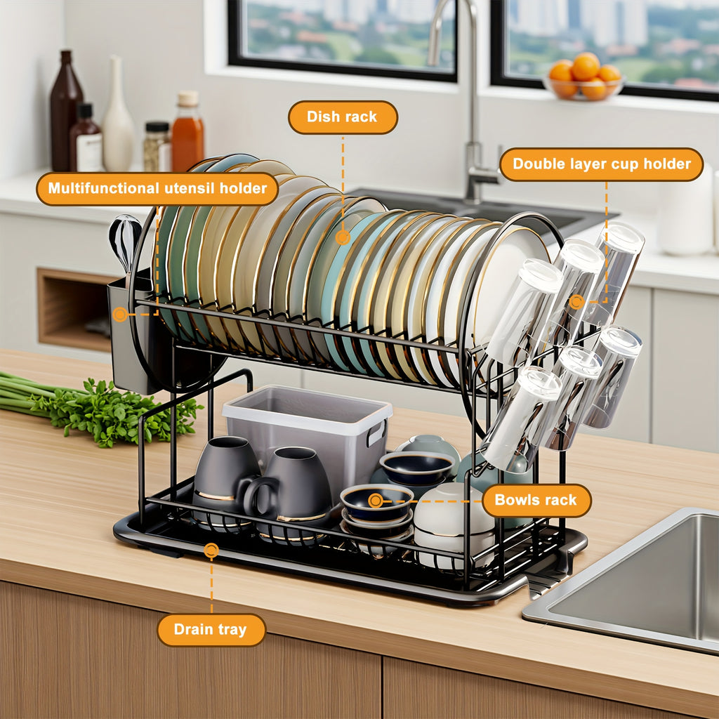 1pc Dish Drying Rack 2 Tier, Black Dish Rack With DrainBoard For Kitchen Countertop, Dish Drainer With Utensil Holder And Cup Holder | Space Saving | Roud Shape Decorate | Black