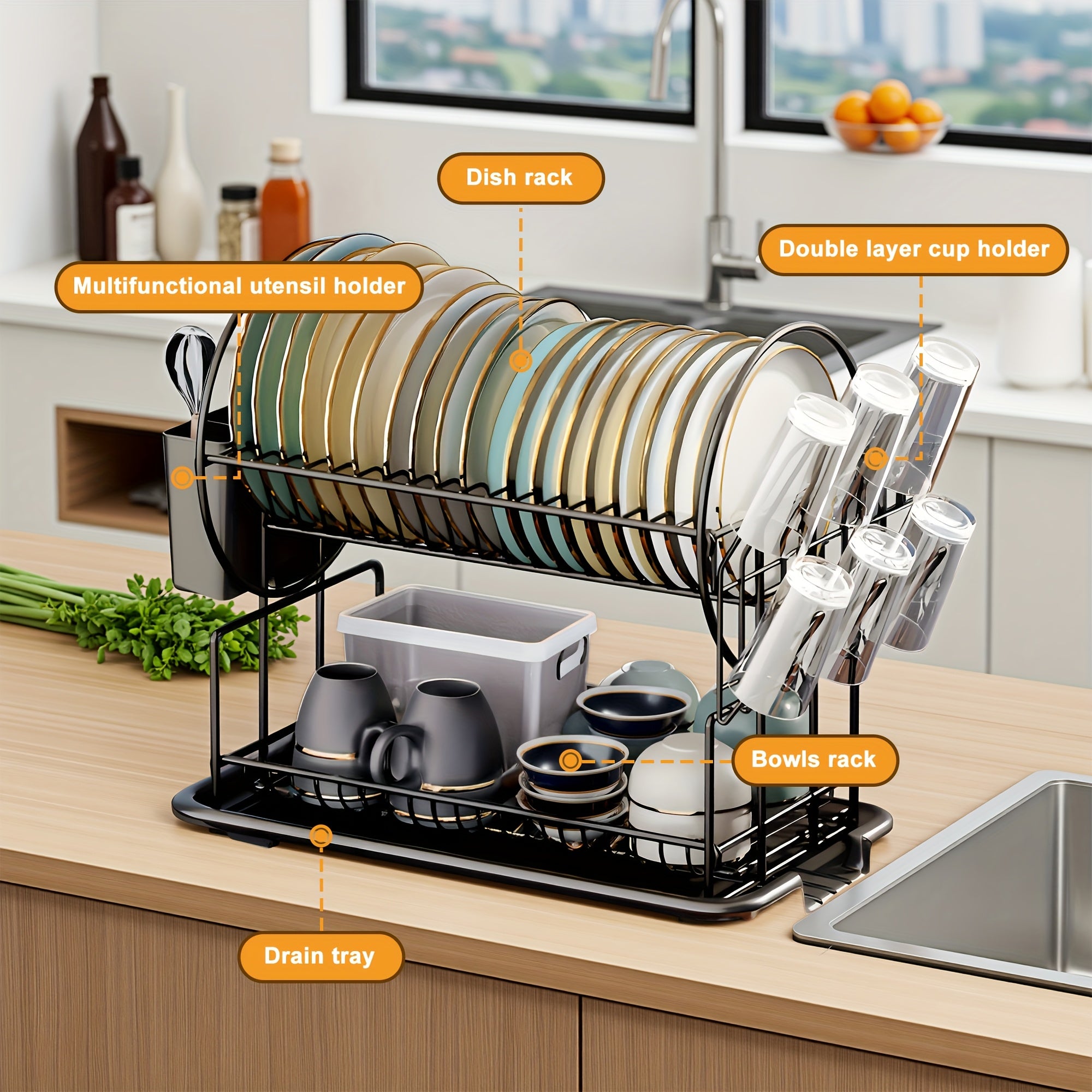 1pc Dish Drying Rack 2 Tier, Black Dish Rack With DrainBoard For Kitchen Countertop, Dish Drainer With Utensil Holder And Cup Holder | Space Saving | Roud Shape Decorate | Black