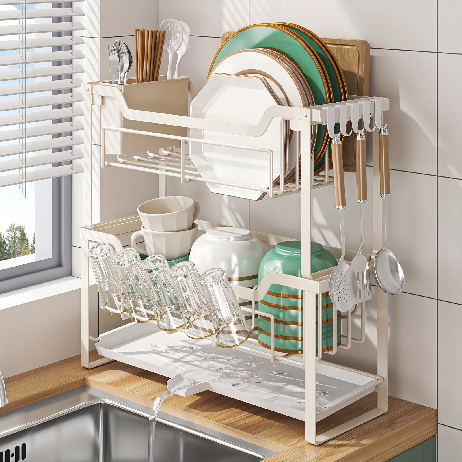 Space-Saving Dish Rack with Drain Tray, Hooks & Utensil Holders - Multifunctional Kitchen Organizer for Dishes, Cups, Knives, Forks & Chopsticks