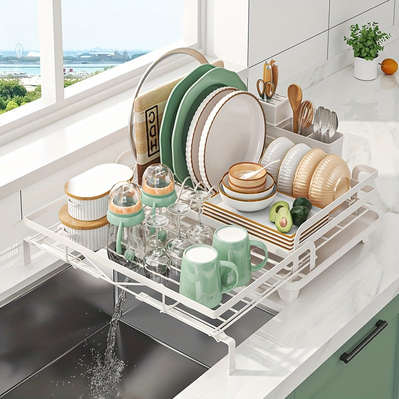 2-in-1 Expandable Rust-Resistant Metal Dish Drying Rack with Pan Slots, Utensil Holder, and Drainboard for Space-Saving Kitchen Counter and Sink Organization