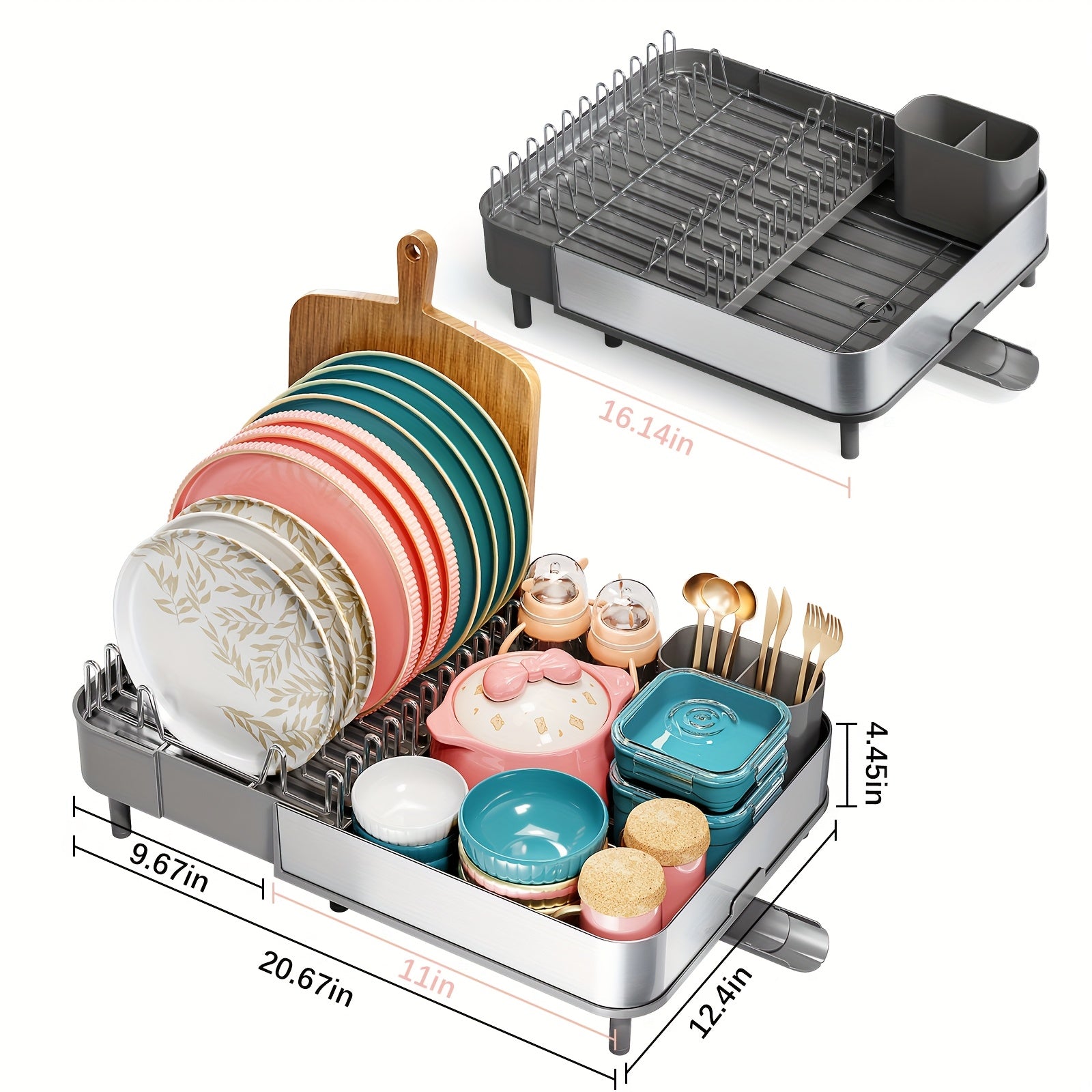 KINGRACK Extendable Dish Drying Rack, Stainless Steel Dish Rack with Dual Parts, Dish Rack for Kitchen Counter, Movable Utensil Drainer & Adjustable Drainage Spout