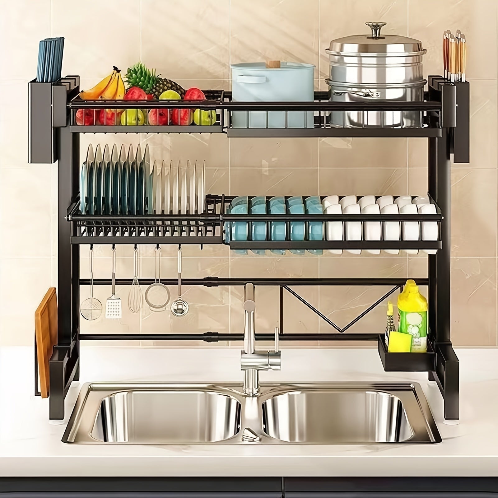 MIKEE Adjustable Over The Sink Dish Drying Rack - 2-Tier Space-Saving Kitchen Organizer with Multifunctional Baskets, Durable Plastic & Carbon Steel Construction, Black, Over Sink Storage | Sleek Black Rack | Innovative Design