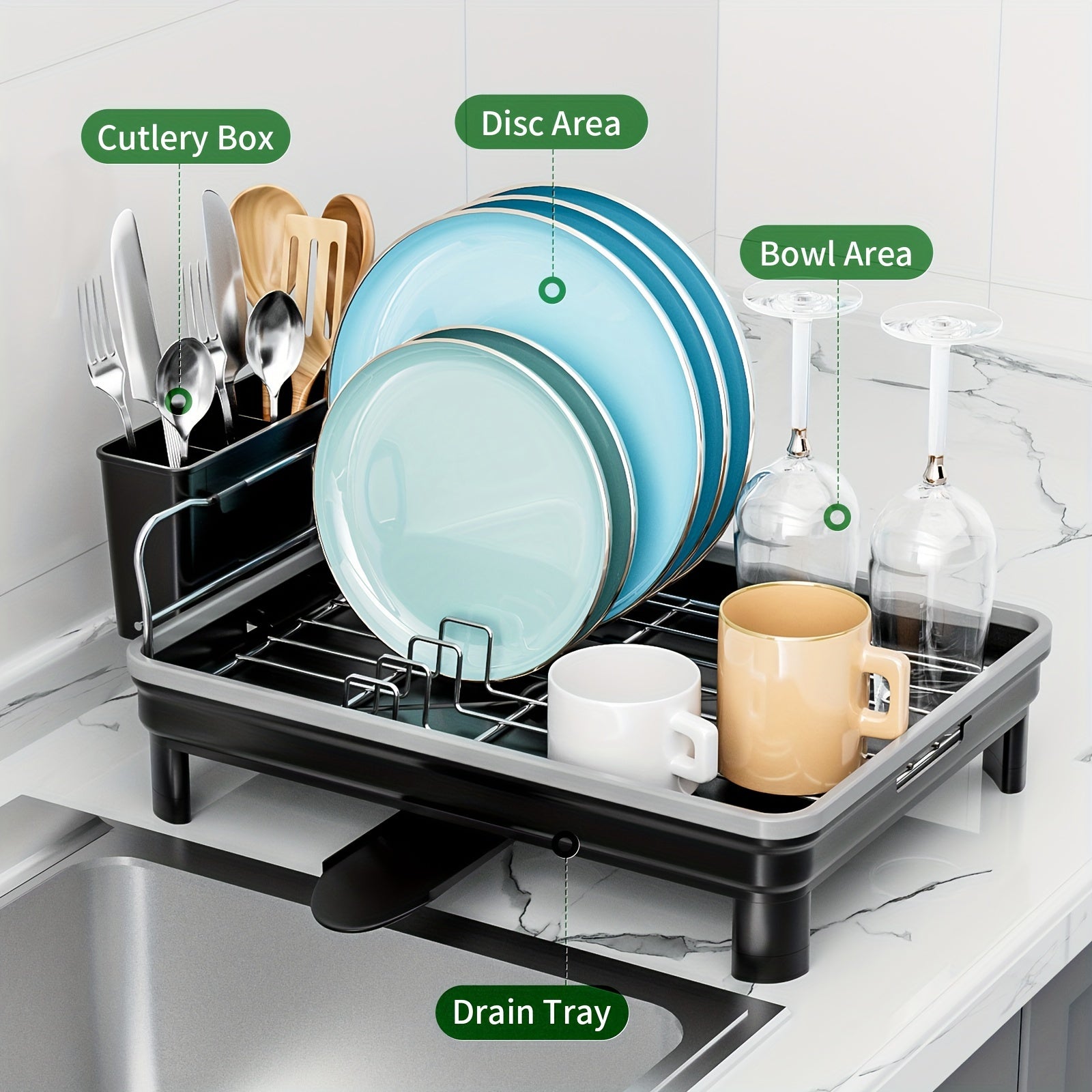 [Retractable Dish Rack] SANDREAM 1pc Multifunctional Retractable Dish Draining Rack | Anti-Rust Plastic & Metal Kitchen Organizer with Cutlery & Cup Holders, Space-Saving Countertop Drying Mat for Modern Homes, Sturdy Construction, Dish Drying Rack