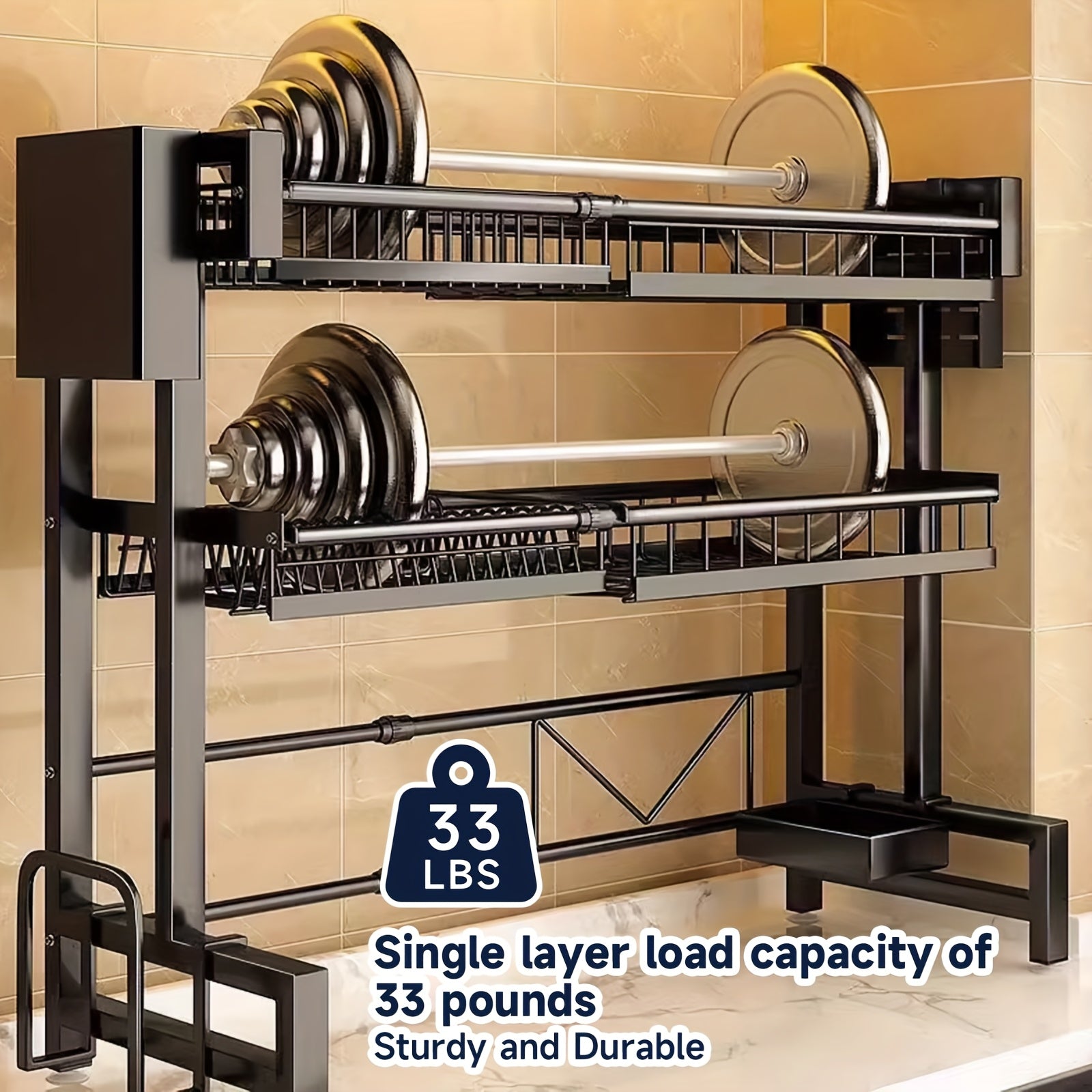 MIKEE Adjustable Over The Sink Dish Drying Rack - 2-Tier Space-Saving Kitchen Organizer with Multifunctional Baskets, Durable Plastic & Carbon Steel Construction, Black, Over Sink Storage | Sleek Black Rack | Innovative Design