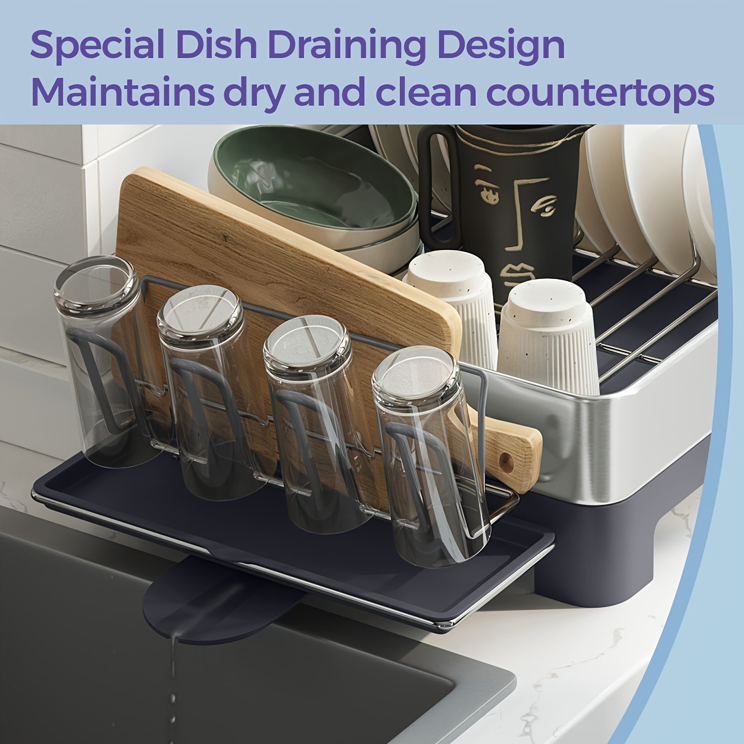 [Stainless Steel Dish Rack] Stainless Steel Dish Drying Rack, 12.5 X 22.5in | Gray, Black, Fingerprint-Resistant, Rotatable Spout, Drainboard, Utensil, Cup, Glass, Cutting Board, Pan Holders