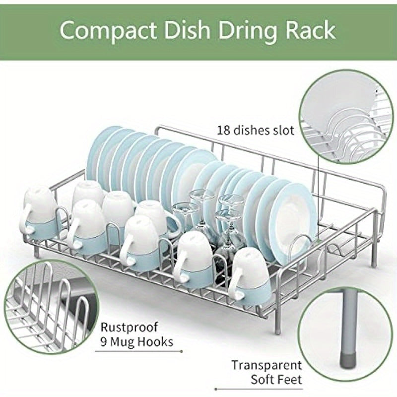 Large Capacity Rustproof Metal Dish Drying Rack with 18 Dish Slots & 9 Mug Hooks - Foldable Space-Saving Design, Non-Slip Rubber Feet, No Assembly Needed for Kitchen Countertop or Cabinet Storage (16.38x12.59x4.72 Inches), Kitchen Dish Drying Rack,