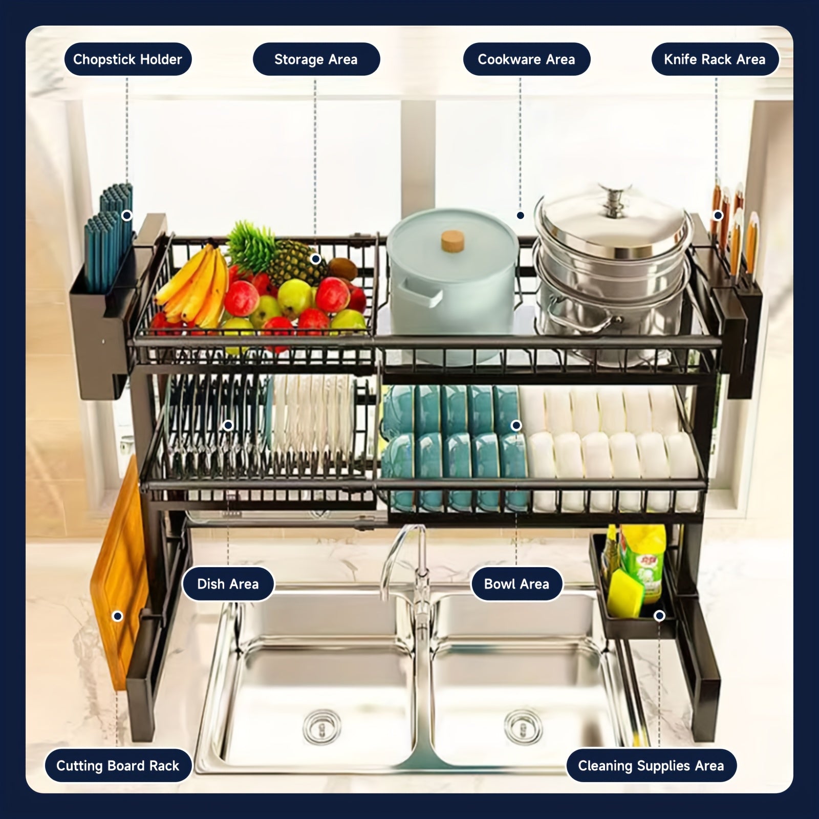 MIKEE Adjustable Over The Sink Dish Drying Rack - 2-Tier Space-Saving Kitchen Organizer with Multifunctional Baskets, Durable Plastic & Carbon Steel Construction, Black, Over Sink Storage | Sleek Black Rack | Innovative Design