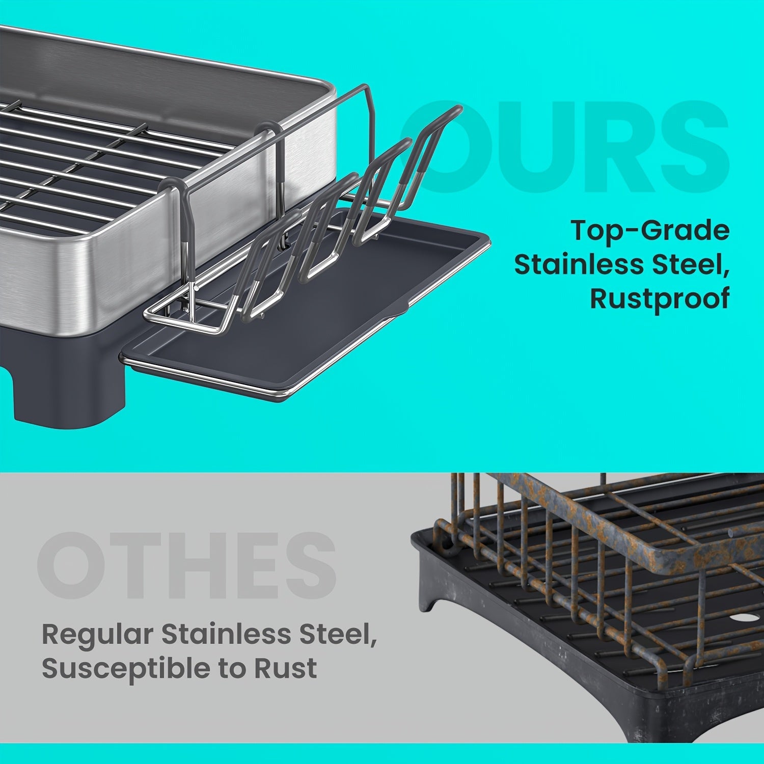 [Stainless Steel Dish Rack] Stainless Steel Dish Drying Rack, 12.5 X 22.5in | Gray, Black, Fingerprint-Resistant, Rotatable Spout, Drainboard, Utensil, Cup, Glass, Cutting Board, Pan Holders