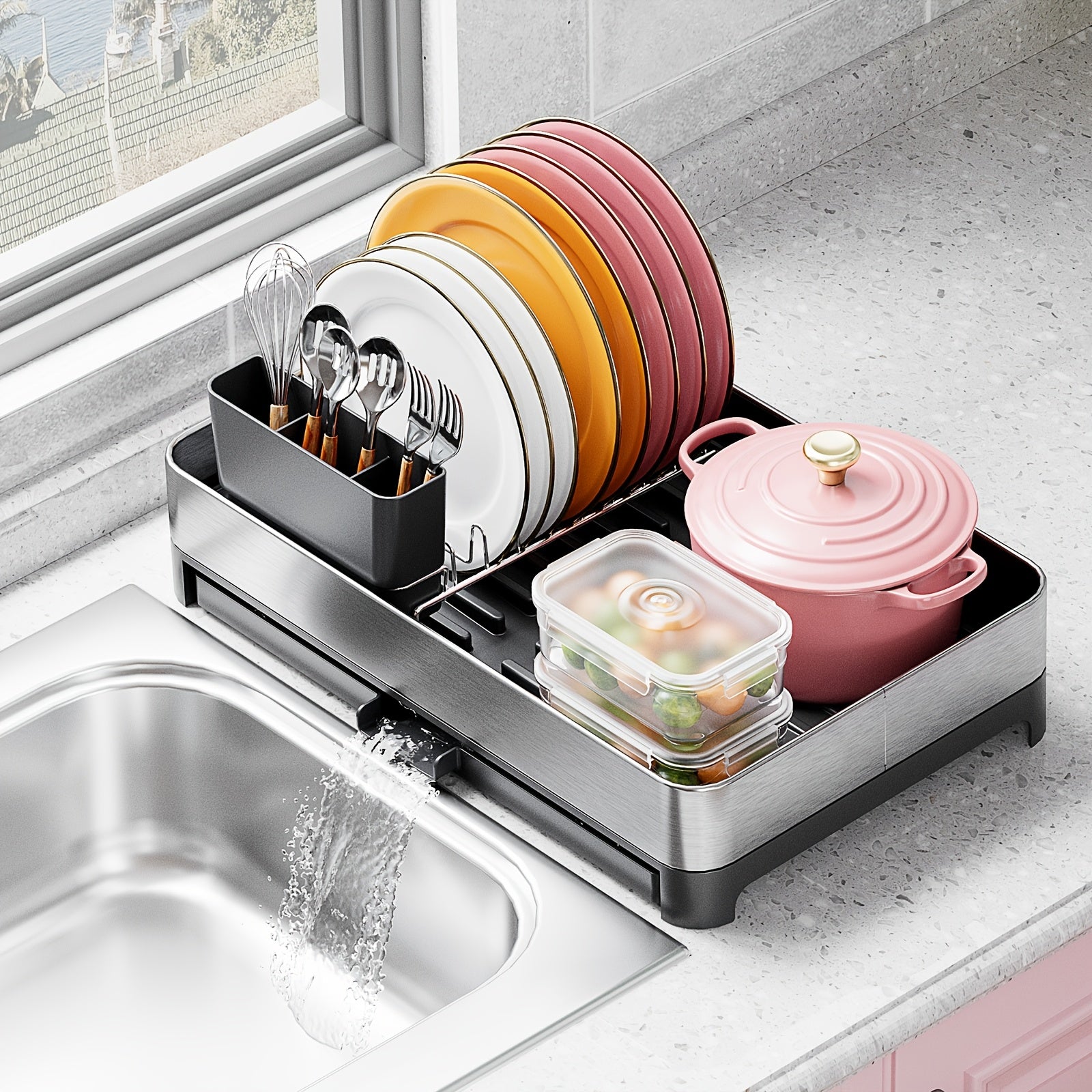 [Stainless Steel Dish Rack] 304 Stainless Steel Dish Drying Rack - Versatile with Cup Holder and Cutlery Holder