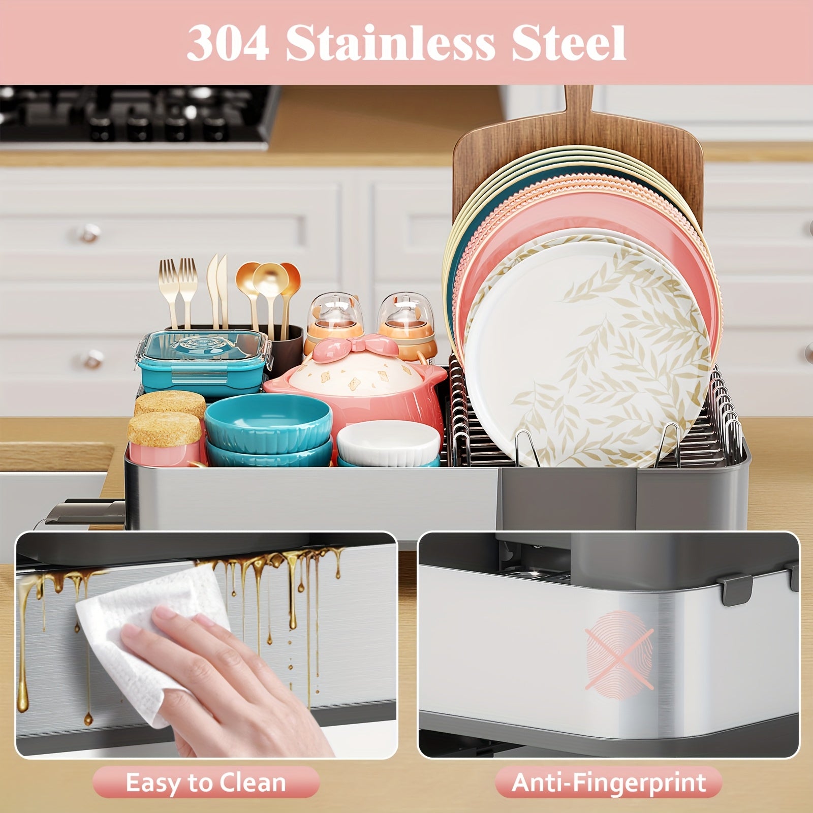 KINGRACK Extendable Dish Drying Rack, Stainless Steel Dish Rack with Dual Parts, Dish Rack for Kitchen Counter, Movable Utensil Drainer & Adjustable Drainage Spout