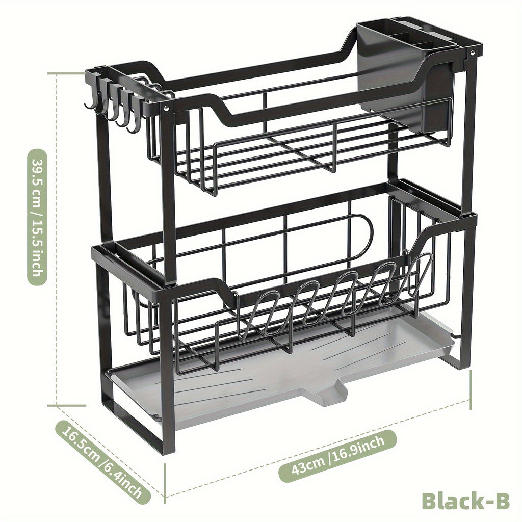 Space-Saving Dish Rack with Drain Tray, Hooks & Utensil Holders - Multifunctional Kitchen Organizer for Dishes, Cups, Knives, Forks & Chopsticks