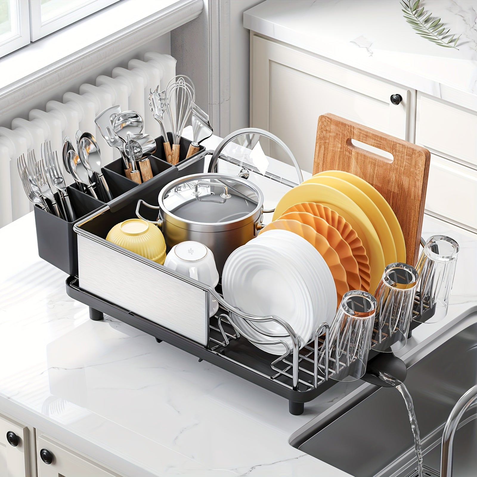 Dish Rack, 304 Stainless Steel Dish Drying Rack For Kitchen Counter, Dish Drainer With Cutlery Holder For Large Capacity, Dish Drying Rack With Drip Tray, Balck