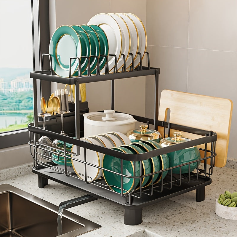 2Tier Large Dish Drying Rack - Rotatable Drain Spout Dish Rack With Drainboard, Utensil Holder, Chopstick Holder Multifunctional Dish Rack For Kitchen Counter