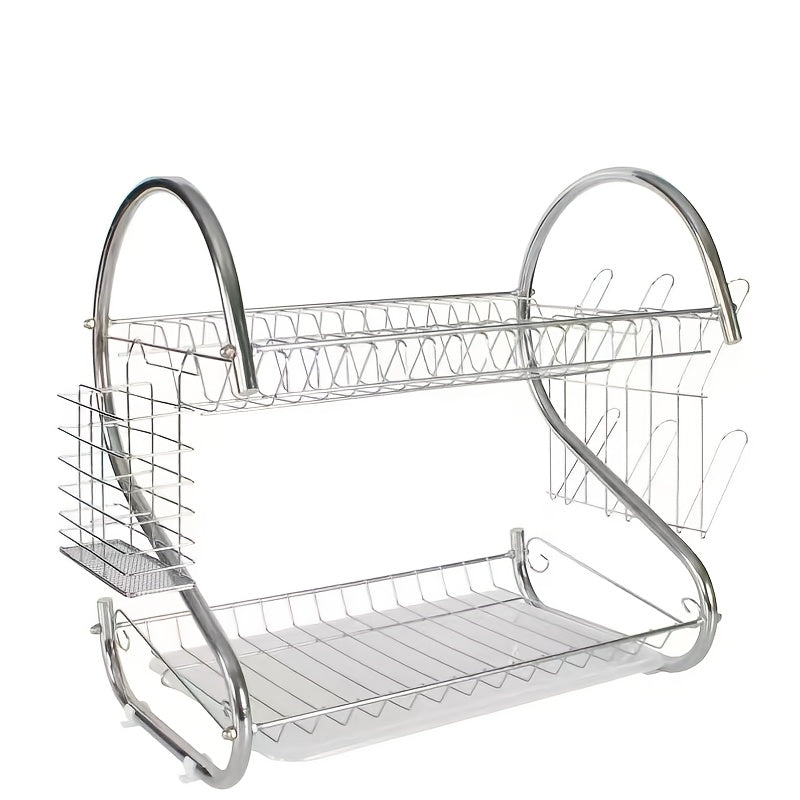2-Tier Stainless Steel Dish Drying Rack with Cutlery & Cup Holders, Space-Saving Compact Kitchen Organizer, Heavy-Duty Rust-Resistant Design with Drainage System for Small Kitchens, Dishwasher Safe & Easy to Clean Countertop Storage