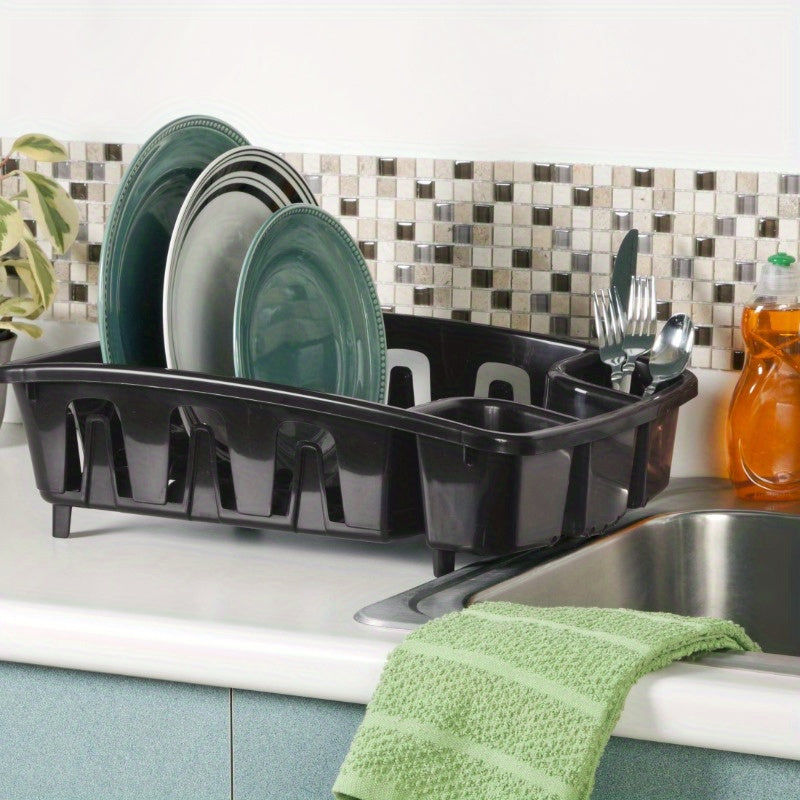 All-in-One Dish Rack and Drainboard with Inclined Base - Heavy-Duty Black Space-Saving Dish Drying Rack with 10 Plate Holders, 8 Cup Holders & Utensil Rack, Elevated Feet for Sink, Compact Design for Small Kitchens, Dishwasher-Safe & Easy Assembly, Angled