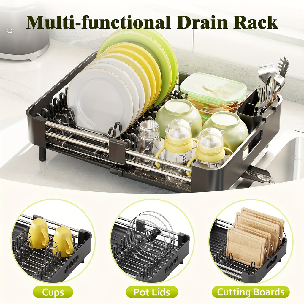 [Adjustable KINGRACK Rack] KINGRACK Adjustable Dish Drying Rack | Extendable, Two-Tiered with Non-Scratch Drainers, Movable Utensil Holder, and Drainage Spout | Ideal for Plates, Bowls, Cups & Pots, Dish Drying Rack for Kitchen Counter