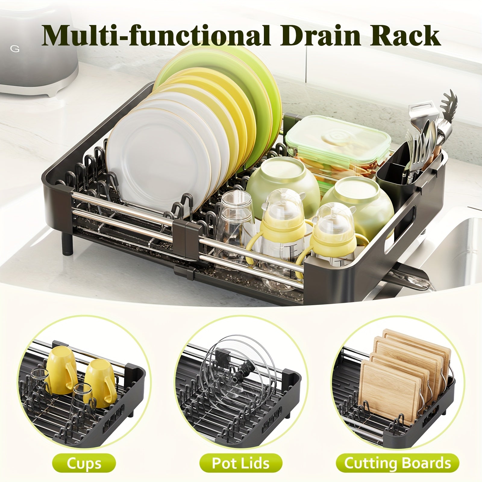 [Adjustable KINGRACK Rack] KINGRACK Adjustable Dish Drying Rack | Extendable, Two-Tiered with Non-Scratch Drainers, Movable Utensil Holder, and Drainage Spout | Ideal for Plates, Bowls, Cups & Pots, Dish Drying Rack for Kitchen Counter