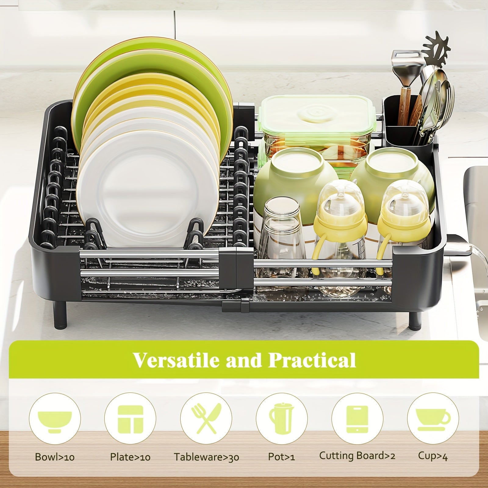 [Adjustable KINGRACK Rack] KINGRACK Adjustable Dish Drying Rack | Extendable, Two-Tiered with Non-Scratch Drainers, Movable Utensil Holder, and Drainage Spout | Ideal for Plates, Bowls, Cups & Pots, Dish Drying Rack for Kitchen Counter