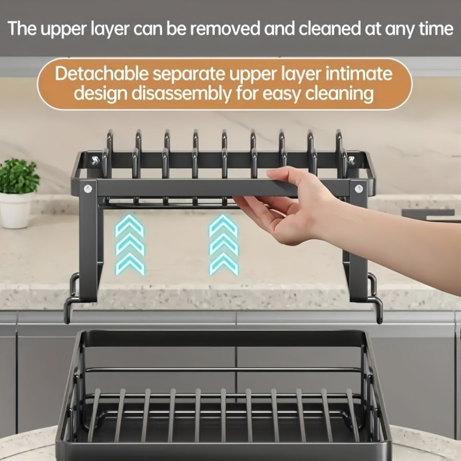 Deluxe 2-Tier Metal Dish Drying Rack - Freestanding Kitchen Rack with Automatic Water Drainage, Bowl and Chopstick Holder, Knife Slot, Board Stand - Rustproof, High Capacity, Easy Cleaning