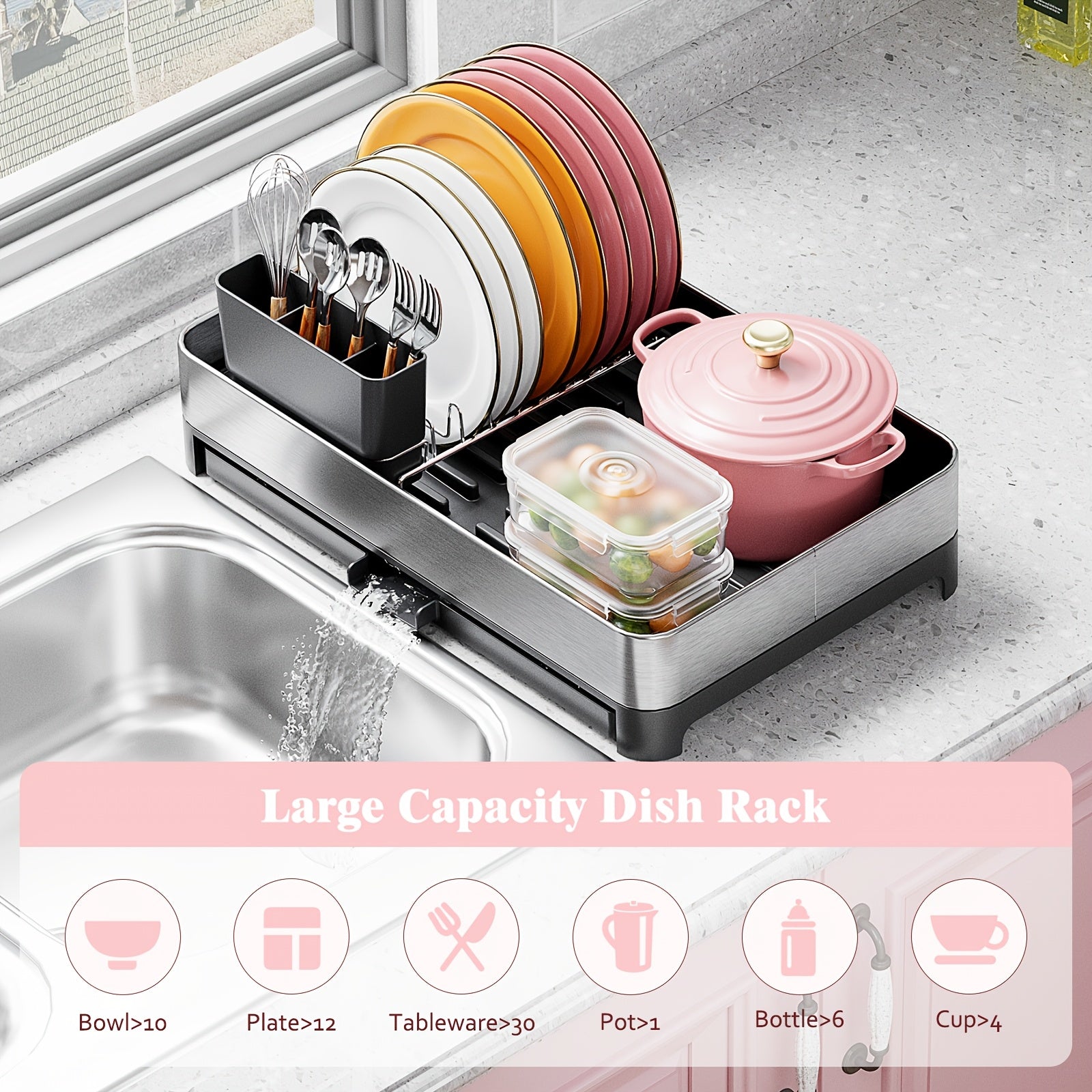 [Stainless Steel Dish Rack] 304 Stainless Steel Dish Drying Rack - Versatile with Cup Holder and Cutlery Holder