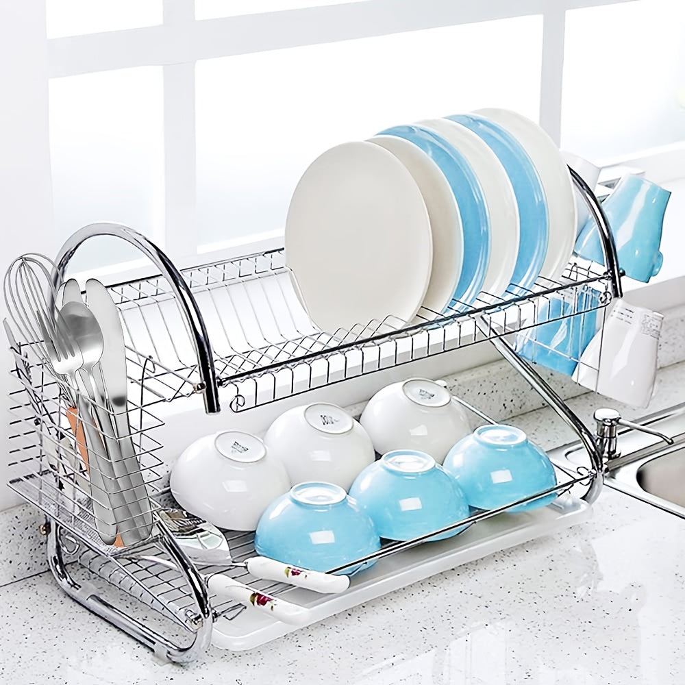 2-Tier Stainless Steel Dish Drying Rack with Cutlery & Cup Holders, Space-Saving Compact Kitchen Organizer, Heavy-Duty Rust-Resistant Design with Drainage System for Small Kitchens, Dishwasher Safe & Easy to Clean Countertop Storage